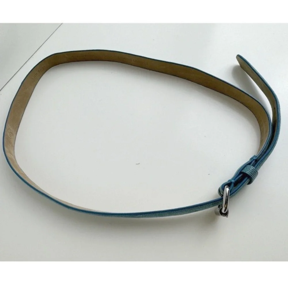 Ann Taylor Blue Lizard‎ Embossed Genuine Leather Slim Belt Silver Buckle S 47-85